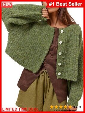 Fluffy Knit Cropped Cardigan Scoop Neck Button Down Sweater